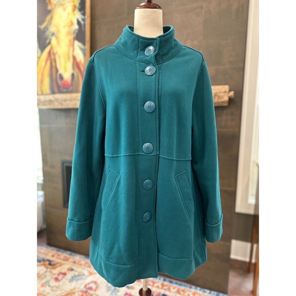 Teal Green Big Button A-line Coat Cotton Jacket Pockets Fleece lining Cozy L/XL